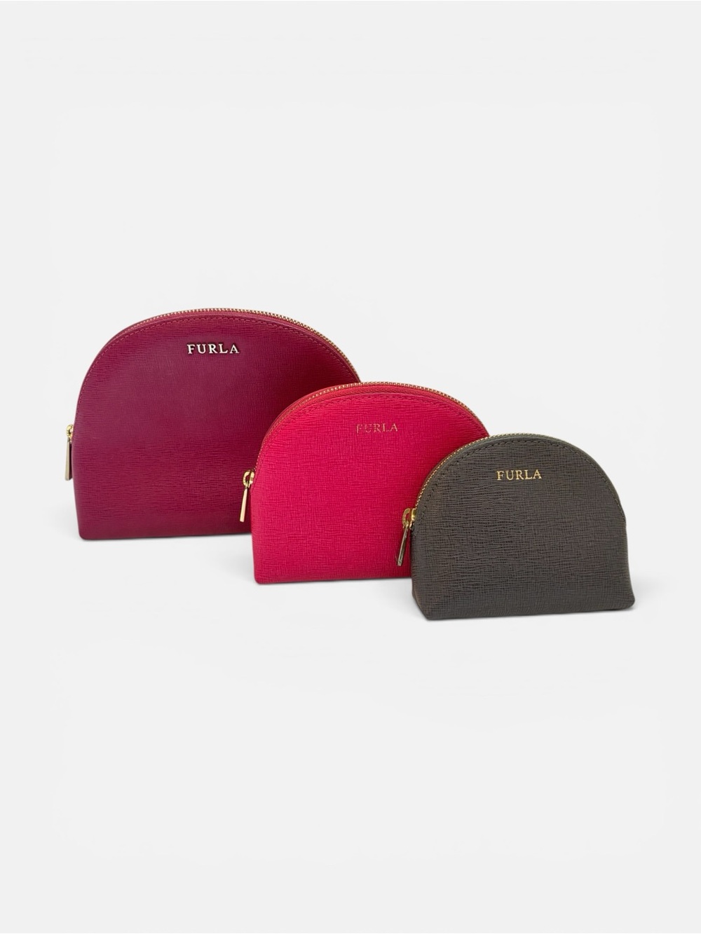 Furla Three-Piece Dome Cosmetic Pouch Set - Berry, Hot Pink, Taupe